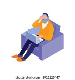 Isometric online cinema composition with bearded man on armchair with laptop and headphones vector illustration