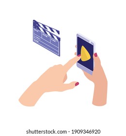 Isometric online cinema composition with human hands holding smartphone with play button vector illustration