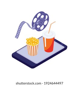 Composición isométrica en el cine en línea con iconos de tableta con el tambor de película pop maíz y beba ilustración vectorial