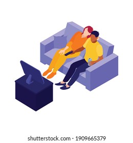 Isometric online cinema composition with loving couple watching movies on sofa vector illustration