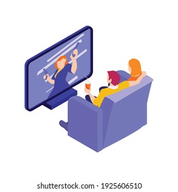 Isometric online cinema composition with loving couple watching thriller at home vector illustration