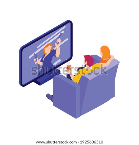 Isometric online cinema composition with loving couple watching thriller at home vector illustration