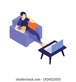 Isometric online cinema composition with single guy watching movie with pop corn vector illustration