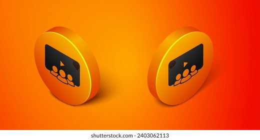 Isometric Online, icono aislado en el fondo naranja. Concepto de educación en línea. Botón de círculo naranja. Vector