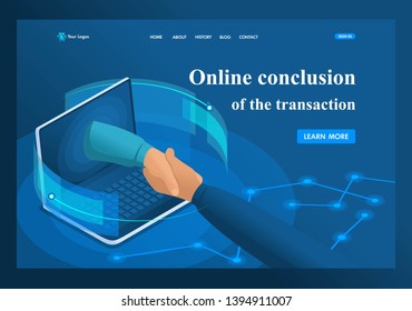 Isometric online conclusion of the transaction between large companies, partnership. Template landing page