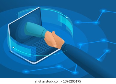 Isometric online conclusion of the transaction between large companies, partnership. Concept for web design.
