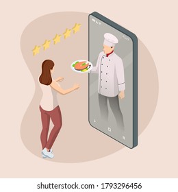 Concepto de clases de cocina en línea isométricas. Pedidos online de comida en un restaurante