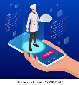 Isometric Online cooking classes concept. Online ordering food in a restaurant