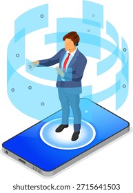 Isometric Online Customer Support Online isometrisches Kundendienstkonzept. Mobiles Call Center mit Virtual-Man-Berater, Headset, Bewertung, Chat-Symbole, Mobiltelefon. isometrische Personen. einzelne Vektorgrafik