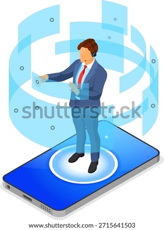 Isometric Online Customer Support Online isometric customer support concept. Mobile call center with virtual man consultant, headset, rating, chat icons, mobile phone. isometric people. isolated vector illustration