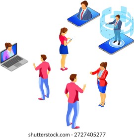 Isometrische Online-Kundensupportvorlagen Online-isometrische Kundensupportvorlagen. Banner Call-Center Smartphone, Laptop mit weiblichen, männlichen virtuellen Berater, Headset, Bewertung, Chat-Symbole. einzelne Vektorgrafik