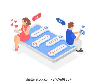 Isometric online dating. Man and woman using smartphone for romantic conversation. Modern digital communication, isolated flawless vector scene