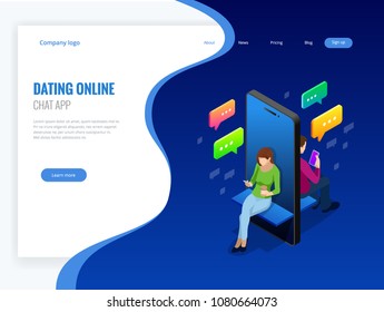 Isometric online dating and social networking concept. Teenagers addiction to new technology trends. Teenagers chatting on the Internet. Vector illustration.