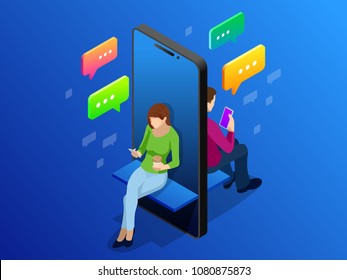 Isometric online dating and social networking concept. Teenagers addiction to new technology trends. Teenagers chatting on the Internet. Vector illustration