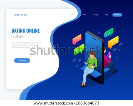 Isometric online dating and social networking concept. Teenagers addiction to new technology trends. Teenagers chatting on the Internet. Vector illustration.