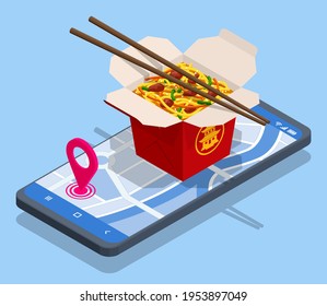 Isometric Online Delivery Food Stir-fried Noodles, Chow Mein, Chinese Cuisine. Asian Noodle Box Appear from Smartphone.