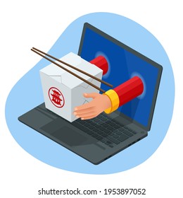 Isometric Online Delivery Food Stir-fried Noodles, Chow Mein, Chinese Cuisine. Asian Noodle Box Appear from Laptop.