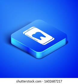 Isometric Online dental care icon isolated on blue background. Dental service information call center. Blue square button. Vector Illustration