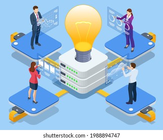 Isometric Online devices upload, download information, data in database on cloud services. Business Intelligence and business rule, big data analytics, application software, data management