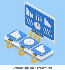 Isometric Online devices upload, download information, data in database on cloud services. Business Intelligence and business rule, big data analytics, application software, data management