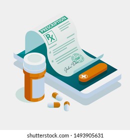 Isometric online doctor consultation, healthcare, medical concept. Online treatment recipe.