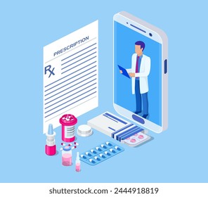 Isometric online doctor consultation, healthcare, medical concept. Web design vector template. Online medical support. Healthcare services, Vector illustration in flat style