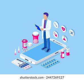 Isometric online doctor consultation, healthcare, medical concept. Web design vector template. Online medical support. Healthcare services, Vector illustration in flat style