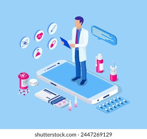 Isometric online doctor consultation, healthcare, medical concept. Web design vector template. Online medical support. Healthcare services, Vector illustration in flat style