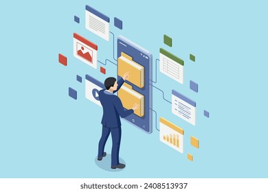 Base de datos de documentación en línea isométrica y sistema o software de almacenamiento de archivos digitales. Archivar la gestión de la base de datos digital en línea