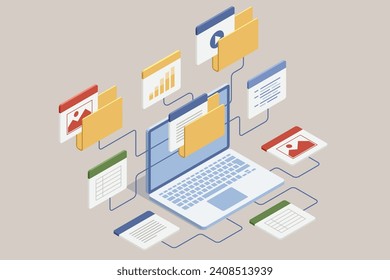 Isometric Online documentation database and digital file storage system or software. Archive managing online digital database