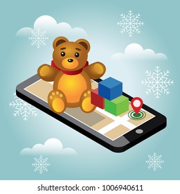 Isometric online e-commerce toy shop. Searching Christmas and New Year childish gifts and toys. Home delivery. Cute teddy bear and colorful cubes on mobile phone, Vector illustration