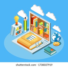 Isometric online education composition with laptop and books. Electronic library and cloud computing concept vector illustration