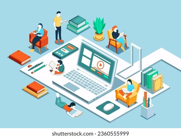 Isometric online education. The concept of learning and reading books. Modern flat design for training courses, tutorials, and lectures. Vector illustration can use for web banner, infographics, and w