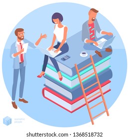 Isometric online education concept  with stack of books, man and woman student people characters. Flat design  template for infographics, web design, banner, poster and mobile app. 