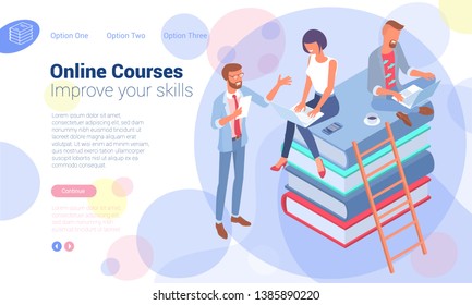 Isometric online education concept  with stack of books, man and woman student people characters. Flat design  template for infographics, web design, banner, poster and mobile app. 