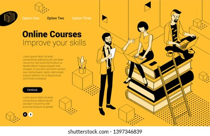 Isometric online education concept  with stack of books, man and woman student people characters. Flat design  template for infographics, web design, banner, poster and mobile app. 