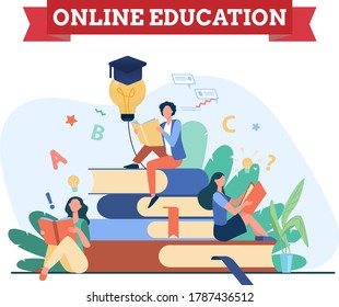 Isometric online education design concept-three girls learning-books-degree/graduation hat-thinking creative bulb-education elements-cartoon characters