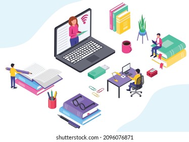 Isometrische Online-Bildung, Fernstudium und Lernen. Vektorgrafik-Online-Unterricht und -Schulung, Studierende, die Wissensgrafik erhalten