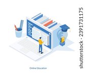 Isometric online education, e learning and adult courses concept. Language distance school. Modern 3d vector illustration for web site, banner design, video tutorial, landing page template