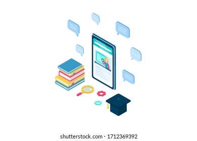 Isometric online education, e learning and adult courses concept. Language distance school. Modern 3d vector illustration for web site, banner design, video tutorial, landing page template