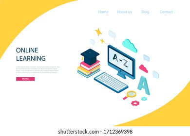 Isometric online education, e learning and adult courses concept. Language distance school. Modern 3d vector illustration for web site, banner design, video tutorial, landing page template