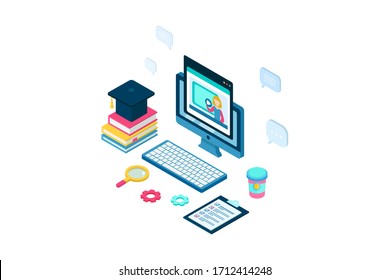 Isometric online education, e learning and adult courses concept. Language distance school. Modern 3d vector illustration for web site, banner design, video tutorial, landing page template