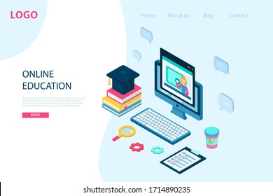 Isometric online education, e learning and adult courses concept. Language distance school. Modern 3d vector illustration for web site, banner design, video tutorial, landing page template