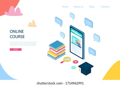 Isometric online education, e learning and adult courses concept. Language distance school. Modern 3d vector illustration for web site, banner design, video tutorial, landing page template