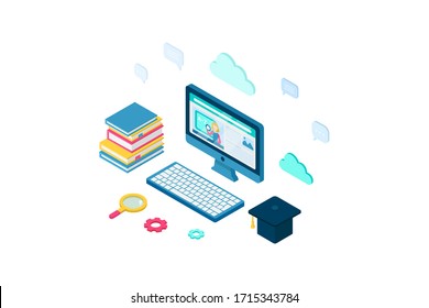 Isometric online education, e learning and adult courses concept. Language distance school. Modern 3d vector illustration for web site, banner design, video tutorial, landing page template