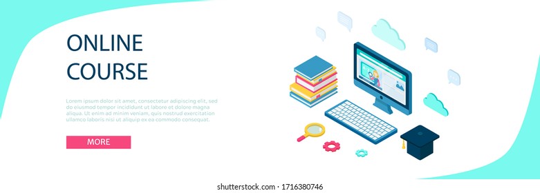 Isometric online education, e learning and adult courses concept. Language distance school. Modern 3d vector illustration for web site, banner design, video tutorial, landing page template