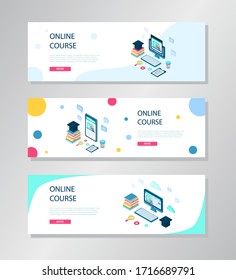 Isometrisches Konzept für Online-Bildung, E-Learning und Erwachsenenkurse. Banner für Sprachabteilungen Moderne 3D-Vektorillustration-Illustration für Website, Fußzeigerdesign, Video-Tutorial, Landing-Page-Vorlage