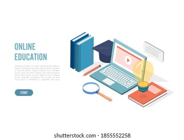 Isometric online education, e learning and adult courses concept. Language distance school. Modern 3d vector illustration for web site, banner design, video tutorial, landing page template