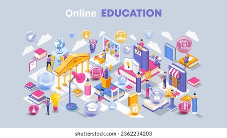 Isometric Online Education landing page template.  Modern flat design for training courses, specialization, tutorials, and lectures. Vector illustration for web banners, infographics, and websites. 
