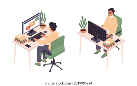 Isometric online education. Man sitting at computer, back and face view, personal workplace, distance learning, student at desktop with laptop. Vector isolated e-learning illustration